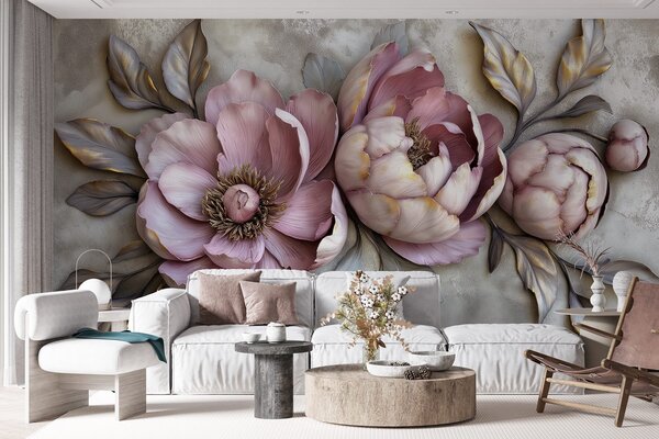 Tapet Bujori purpurii florale cu frunze și petale în culori pastelate mute, stil vintage, Fototapet 3D, Fototapet 3D Flori, w01825 : Uwalls.ro