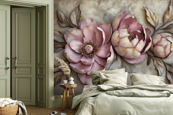 Tapet Bujori purpurii florale cu frunze și petale în culori pastelate mute, stil vintage, Fototapet 3D, Fototapet 3D Flori, w01825 : Uwalls.ro