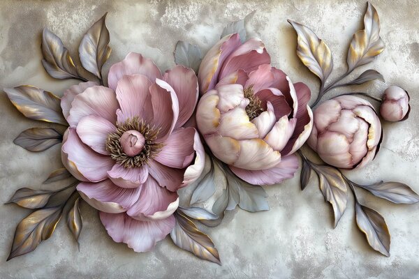Tapet Bujori purpurii florale cu frunze și petale în culori pastelate mute, stil vintage, Fototapet 3D, Fototapet 3D Flori, w01825 : Uwalls.ro