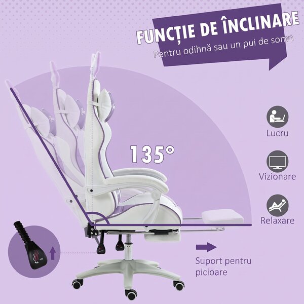 Vinsetto Scaun Gaming cu Urechi de Iepuraș, Suport pentru Picioare, Perne, Reglabil și Reclinabil, Mov | Aosom Romania