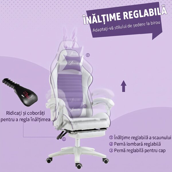 Vinsetto Scaun Gaming cu Urechi de Iepuraș, Suport pentru Picioare, Perne, Reglabil și Reclinabil, Mov | Aosom Romania