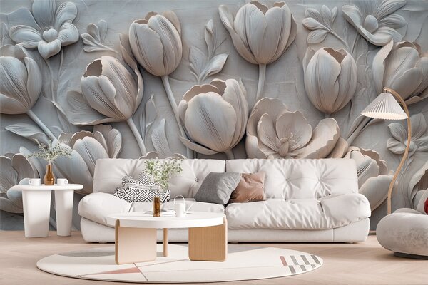 Fototapet Floare albă sculptată pe un perete, Fototapet flori 3D, Fototapet populare, w01851v1 - Tapeko.ro