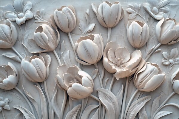 Fototapet Floare albă sculptată pe un perete, Fototapet flori 3D, Fototapet populare, w01851v1 - Tapeko.ro