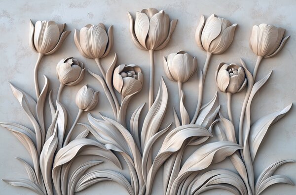 Fototapet Floare albă sculptată pe un perete, Fototapet flori 3D, Fototapet populare, w01852v1 - Tapeko.ro