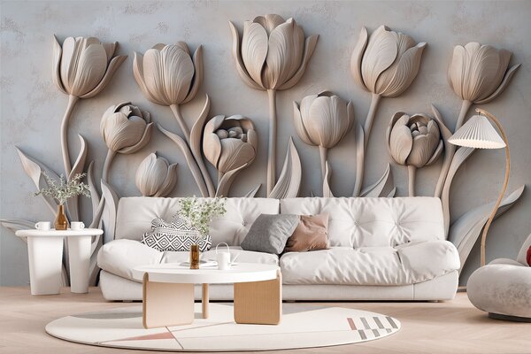 Fototapet Floare albă sculptată pe un perete, Fototapet flori 3D, Fototapet populare, w01852v1 - Tapeko.ro