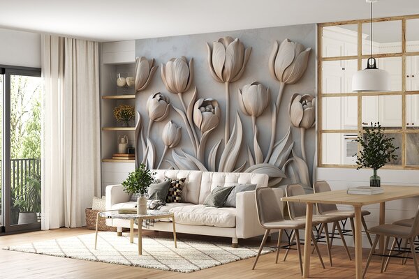 Fototapet Floare albă sculptată pe un perete, Fototapet flori 3D, Fototapet populare, w01852v1 - Tapeko.ro
