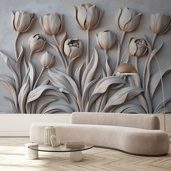 Fototapet Floare albă sculptată pe un perete, Fototapet flori 3D, Fototapet populare, w01852v1 - Tapeko.ro