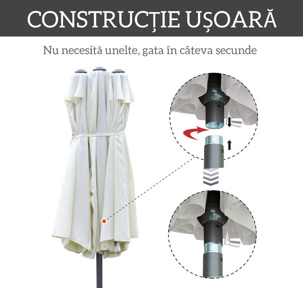 Outsunny Umbrelă Dublă cu 12 Spițe, Bază în Cruce și Manivelă, din Oțel și Poliester, 455x265x238 cm, Bej | Aosom Romania