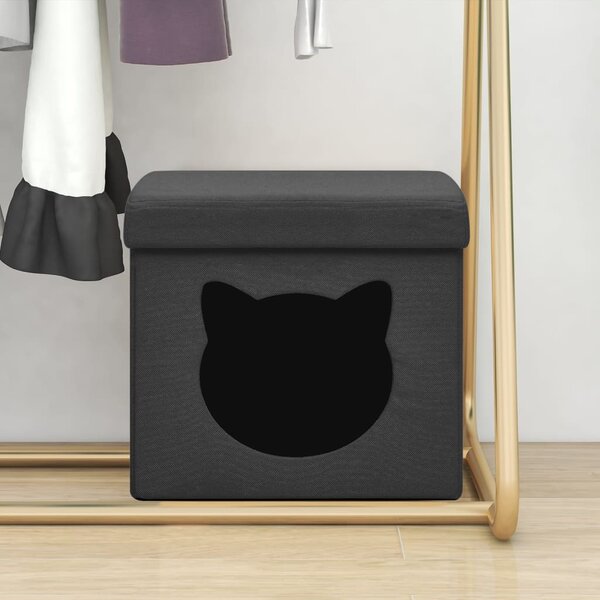 Taburet depozitare pliabil, negru cu model pisică, ţesătură