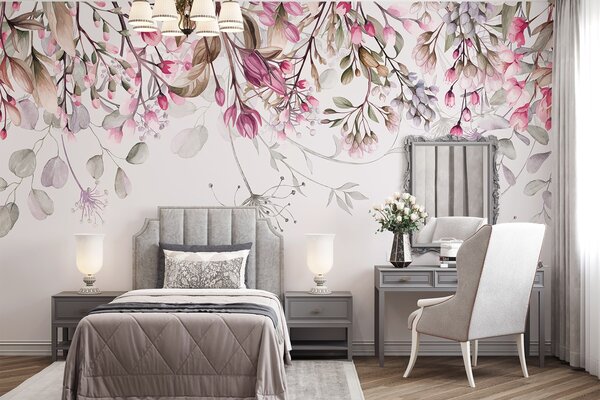 Tapet Delicate ramuri florale roz și alb cu frunze și petale, pe fundal gri pastel, Fototapet Flori, w08347 : Uwalls.ro