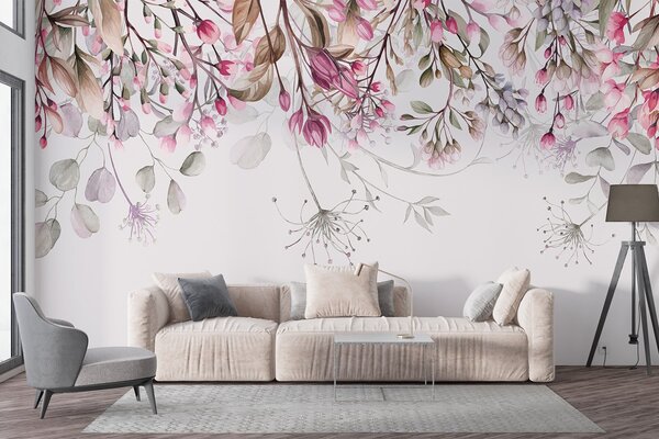 Tapet Delicate ramuri florale roz și alb cu frunze și petale, pe fundal gri pastel, Fototapet Flori, w08347 : Uwalls.ro