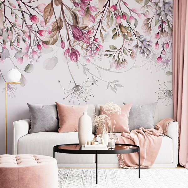 Tapet Delicate ramuri florale roz și alb cu frunze și petale, pe fundal gri pastel, Fototapet Flori, w08347 : Uwalls.ro