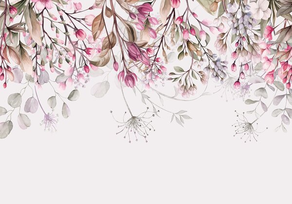 Tapet Delicate ramuri florale roz și alb cu frunze și petale, pe fundal gri pastel, Fototapet Flori, w08347 : Uwalls.ro
