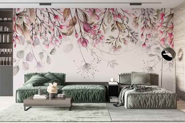 Tapet Delicate ramuri florale roz și alb cu frunze și petale, pe fundal gri pastel, Fototapet Flori, w08347 : Uwalls.ro