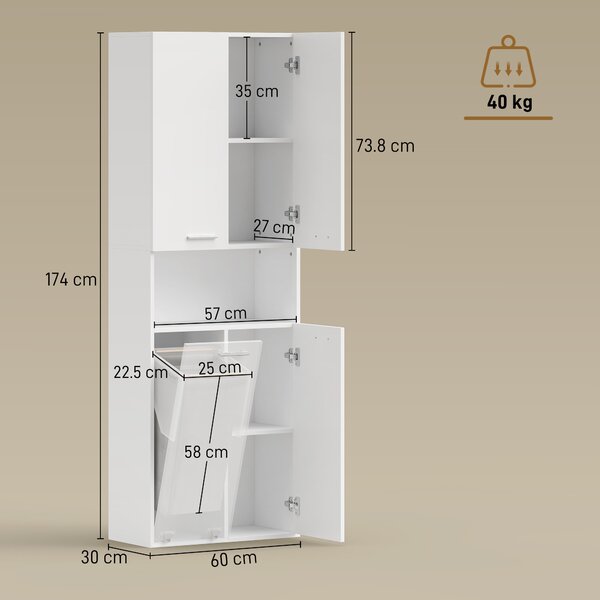 HOMCOM Dulap de Baie Înalt 174 cm cu Coș pentru Rufe Rabatabil, Alb. | Aosom Romania
