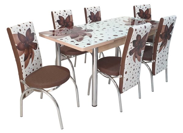 Set masă extensibilă Star Brown Flower cu 6 scaune imprimate