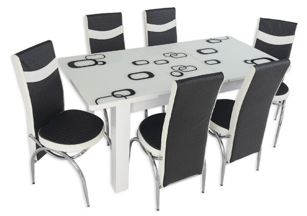 Set masă extensibilă Alb Pătrat Picior PAL cu 6 scaune negru alb