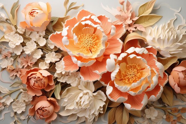 Tapet Un aranjament floral 3D în nuanțe de piersică, cu bujori și trandafiri în stil Rococo, Fototapet 3D, Fototapet 3D Flori, w01939 : Uwalls.ro
