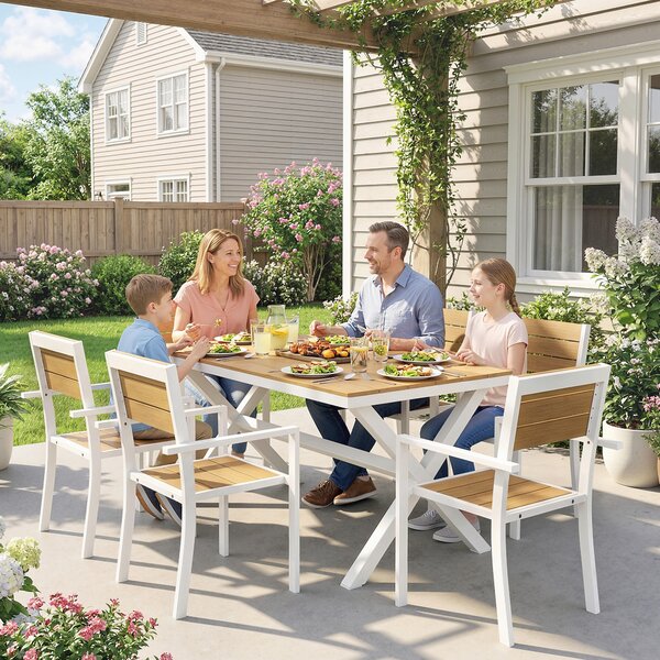 Outsunny Set Masă și Scaune de Grădină 7 Piese, Set Prânz Exterior din Aluminiu cu 6 Scaune Stivuibile, Masă cu Șipci Imitatie Lemn, pentru Terasă, Balcon, Patio, Teak | Aosom Romania