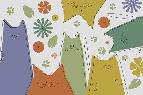 Fototapet Grup de pisici cu flori și frunze, Fototapet animale, Fototapet populare, w01941v1 - Tapeko.ro