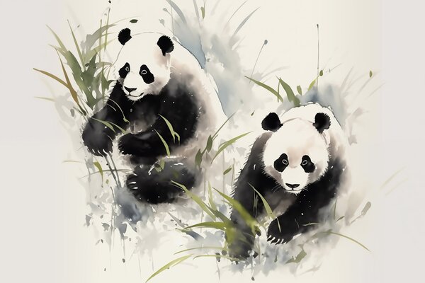 Fototapet Cuplu de panda în iarbă, Fototapet animale, Fototapet populare, w01948 - Tapeko.ro