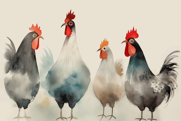 Fototapet Grup de găini cu pene roșii și albe, Fototapet animale, Fototapet populare, w01946 - Tapeko.ro