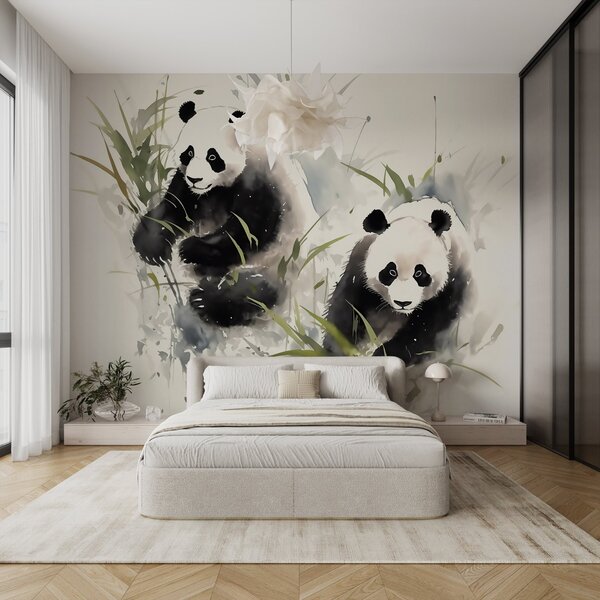 Fototapet Cuplu de panda în iarbă, Fototapet animale, Fototapet populare, w01948 - Tapeko.ro