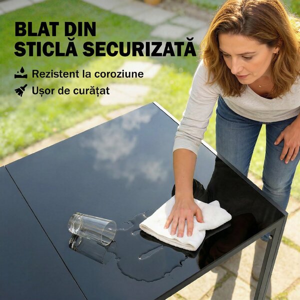 Outsunny Set Masă și Scaune de Grădină 7 Piese, Set pentru Prânz în Aer Liber cu Masă Dreptunghiulară din Sticlă Securizată, 6 Scaune, Perne, Cadru din Oțel Zincat pentru Terasă Balcon, Negru | Aosom Romania