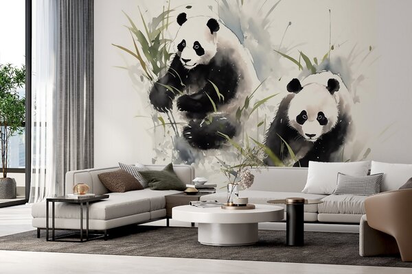 Fototapet Cuplu de panda în iarbă, Fototapet animale, Fototapet populare, w01948 - Tapeko.ro