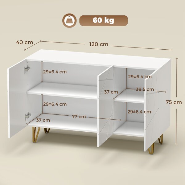 HOMCOM Dulap de Depozitare cu 2 Dulapuri și Raft Reglabil, din PAL și Metal, 120x40x75 cm, Alb și Auriu | Aosom Romania