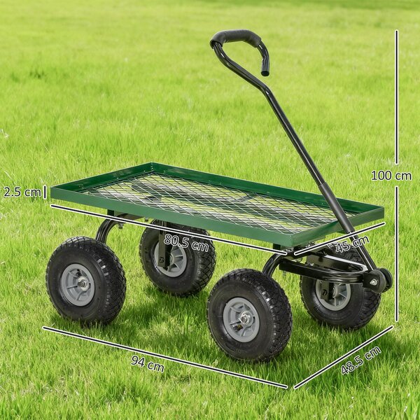 Outsunny Roabă de Grădină cu Mâner și 4 Roți Mari, Capacitate 150 kg, 94x48,5x100 cm, Verde | Aosom Romania