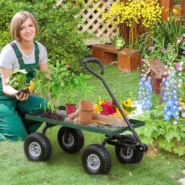 Outsunny Roabă de Grădină cu Mâner și 4 Roți Mari, Capacitate 150 kg, 94x48,5x100 cm, Verde | Aosom Romania
