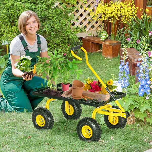 Outsunny Roabă de Grădină cu Mâner și 4 Roți Mari, Capacitate 150 kg, 94x48,5x100 cm, Verde | Aosom Romania