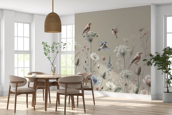 Tapet Delicate flori sălbatice cu păsări pe un fundal bej, Fototapet Acuarelă, w01958 : Uwalls.ro