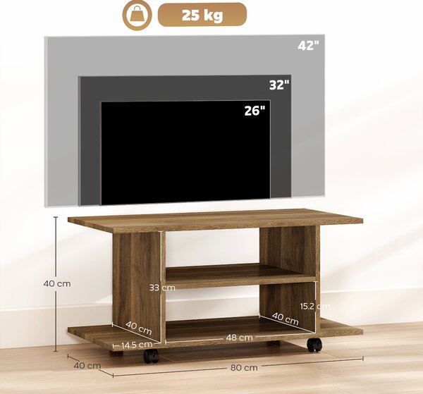 HOMCOM Suport TV Modern cu Rafturi, Roți Pivotante și Frâne, 80x40x40 cm, Nuc | Aosom Romania