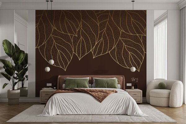 Tapet Minimalist tapet siluete de frunze mari galbene cu vene pe un fundal de ciocolată , Fototapet Natură, w01960v2 : Uwalls.ro