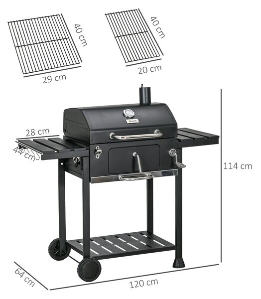 Outsunny Grătar cu Tavă de Cărbune Reglabilă, Grilaj de Grătar din Oțel Galvanizat cu Rafturi de Depozitare, 120x64x114 cm, Negru | Aosom Romania