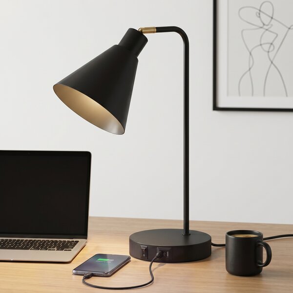 HOMCOM Set de 2 Lămpi de Masă Moderne din Oțel cu Porturi USB, E27, Becurile Nu Sunt Incluse, Negru | Aosom Romania