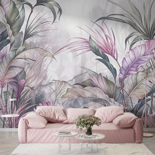 Tapet Junglă tropicală cu frunze verzi mari și flori protea roz cu fundal cu textură estompată, Fototapet Natură, w08375v1 : Uwalls.ro
