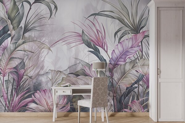Tapet Junglă tropicală cu frunze verzi mari și flori protea roz cu fundal cu textură estompată, Fototapet Natură, w08375v1 : Uwalls.ro