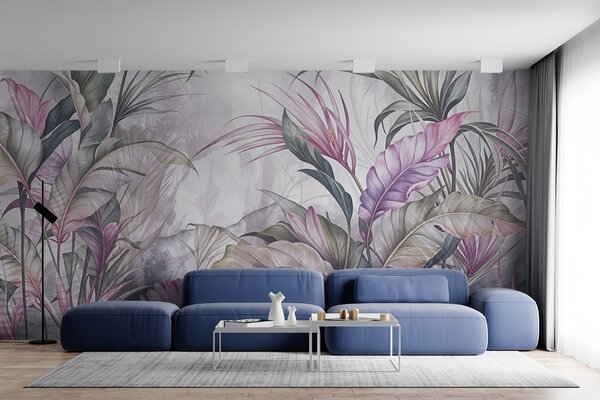 Tapet Junglă tropicală cu frunze verzi mari și flori protea roz cu fundal cu textură estompată, Fototapet Natură, w08375v1 : Uwalls.ro