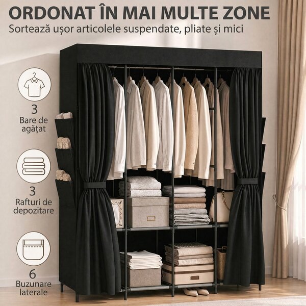 HOMCOM Garderobă Textilă cu 3 Bare și 3 Rafturi, Oțel și Material Netesut, 130 x 45 x 167 Cm, Negru | Aosom Romania