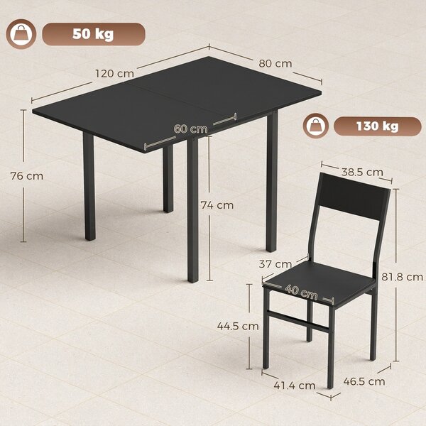 HOMCOM Set Masă și Scaune Dining 5 Piese Extensibil cu MDF și Metal, 80-120 cm, 4 Scaune Stivuibile, Negru | Aosom Romania