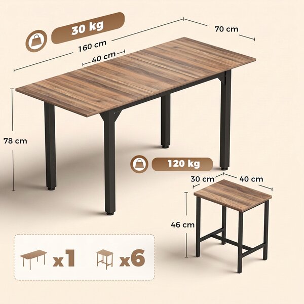 HOMCOM Set Masă Da Dining Extensibil 160 cm Cm, Negru Nuc | Aosom Romania