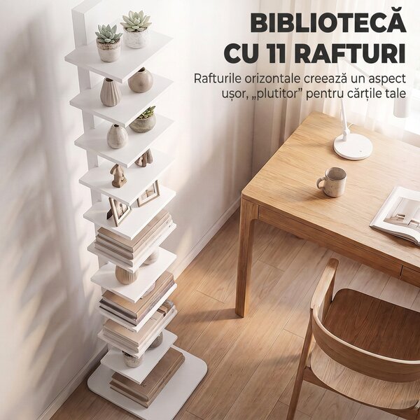 HOMCOM Bibliotecă Verticală cu 11 Rafturi, Structură din Oțel, Economie Spațiu, 34,5x41,5x163,5 cm, Alb | Aosom Romania