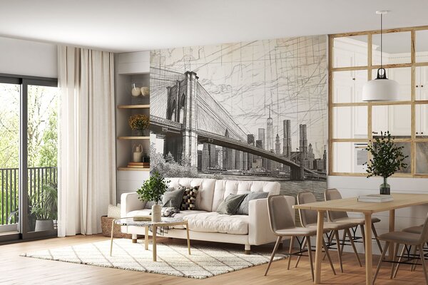 Tapet Panoramă a podului Brooklyn realizată într-o tehnică retro schițată cu linii și zgârieturi, Fototapet orașe și țări, w01961 : Uwalls.ro