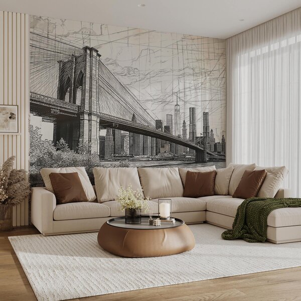 Tapet Panoramă a podului Brooklyn realizată într-o tehnică retro schițată cu linii și zgârieturi, Fototapet orașe și țări, w01961 : Uwalls.ro