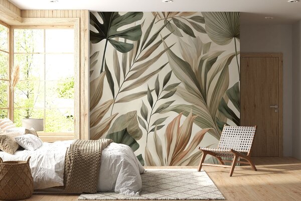 Tapet Frunze tropicale mari în nuanțe pastelate delicate reținute, Fototapet Natură, w02082 : Uwalls.ro