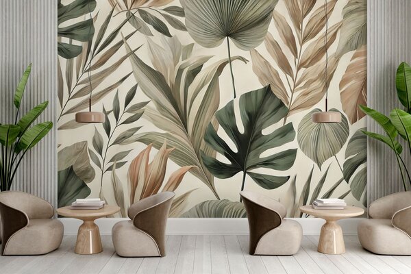 Tapet Frunze tropicale mari în nuanțe pastelate delicate reținute, Fototapet Natură, w02082 : Uwalls.ro