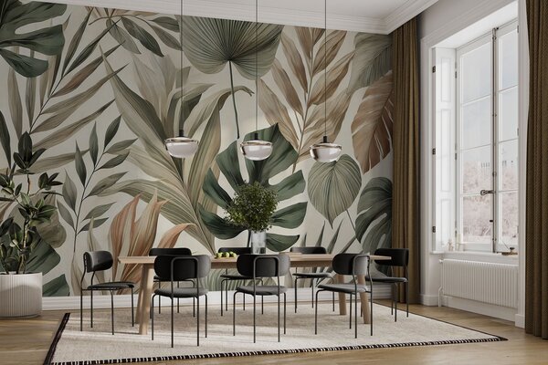 Tapet Frunze tropicale mari în nuanțe pastelate delicate reținute, Fototapet Natură, w02082 : Uwalls.ro